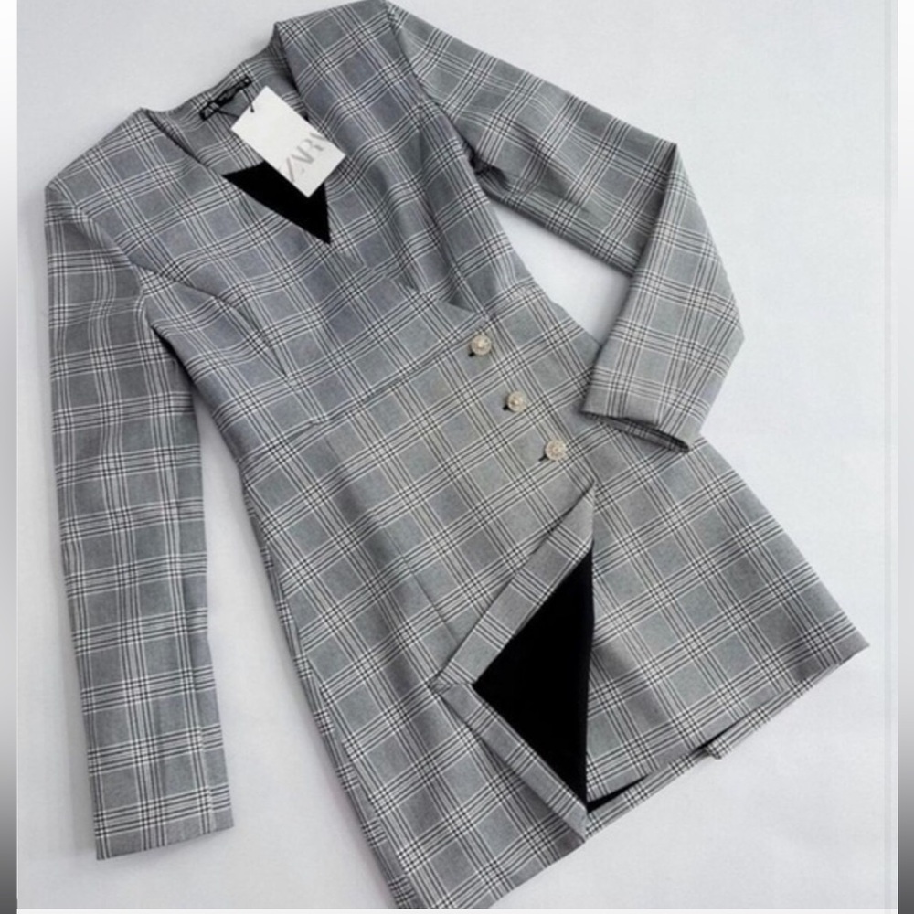 New ZARA Plaid Blazer Dress Gray Suit with Jewel Buttons XS